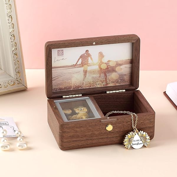SOFTALK SOFTALK Vintage Jewelry Box Musical Boxs with Customizable Photos Case for Gifts Christmas Birthday and Valentine's Day(Simple Walnut Wood, Tune : Brahms Lullaby) - View 7 of 9