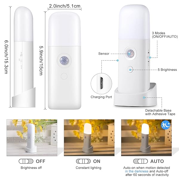 CREWEEL CREWEEL Motion Sensor Night Light Indoor Battery Operated Cordless Table Lamps 5 Stages Dimmable LED for Kids Bedroom Bathroom Hallway - View 6 of 11