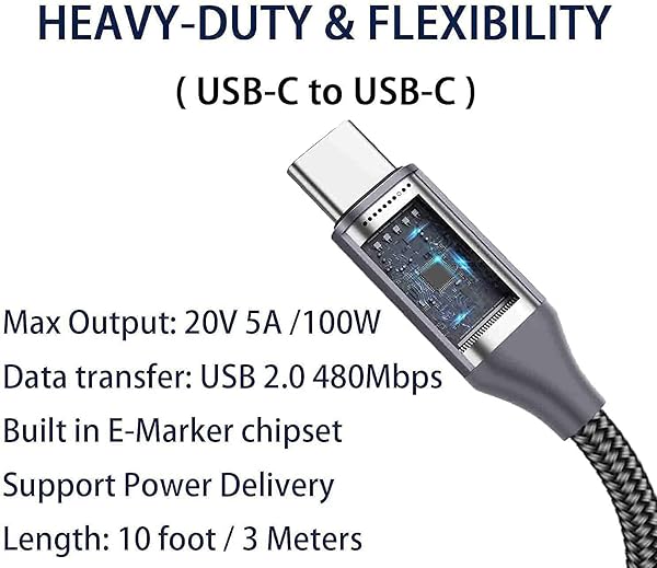 Grtoeud 20FT USB-C to USB-C Cable 100W 5A Extra Long Fast Charging Cord for iPhone 15 Pro Max Macbook Samsung Galaxy PS5 Xbox and More - View 6 of 7