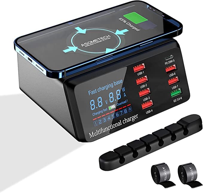 ASOMETECH ASOMETECH 100W 8-Port USB Charger Hub: Fast Charging for iPhone 12, Tablets & More with PD, Quick Charge 3.0 & Wireless Charging