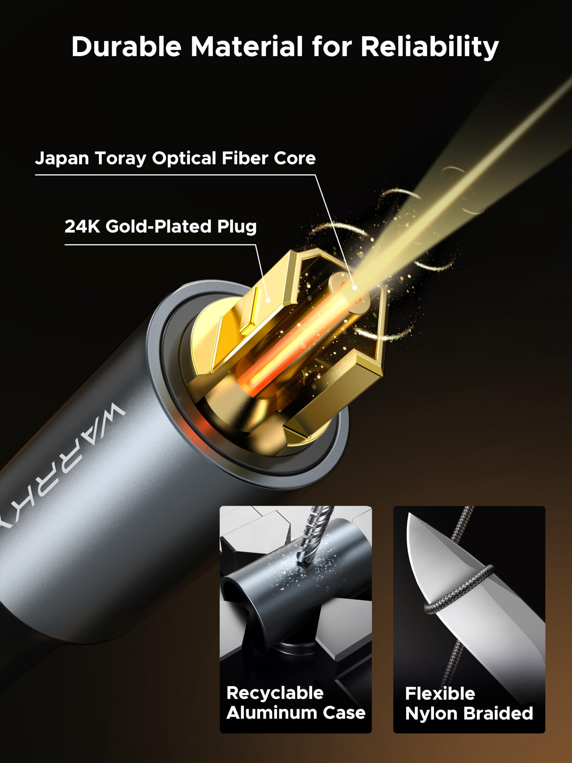 Warrky Warrky Optical Audio Cable, 6ft 1.8m Optical Cable for Soundbar [Nylon Braided, Slim Metal Case, Gold-Plated Plug], Fiber Optic Audio Cord Compatible - View 3 of 7