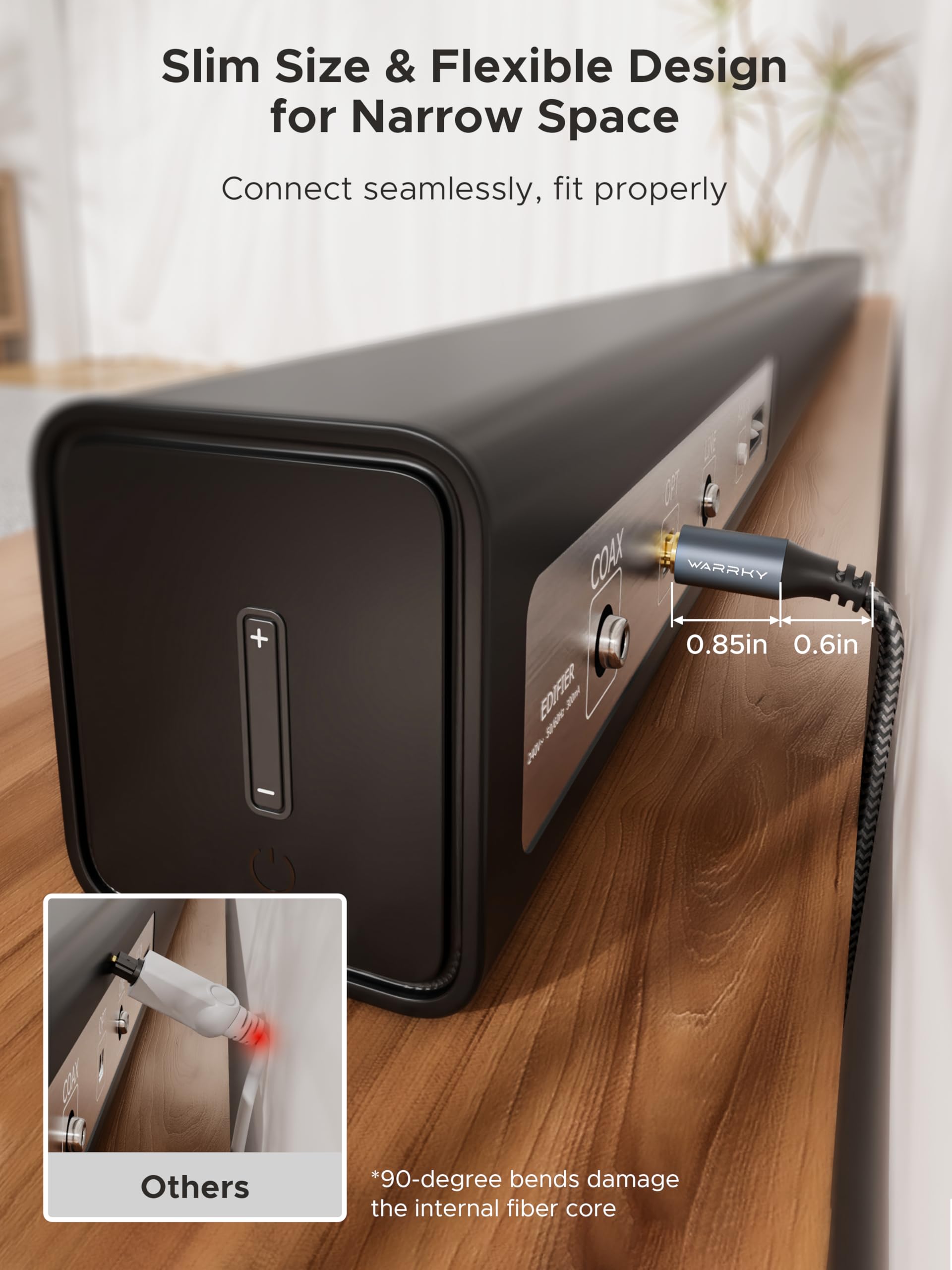 Warrky Warrky Optical Audio Cable, 6ft 1.8m Optical Cable for Soundbar [Nylon Braided, Slim Metal Case, Gold-Plated Plug], Fiber Optic Audio Cord Compatible - View 4 of 7