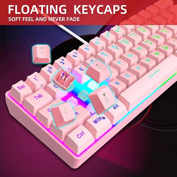 Snpurdiri Snpurdiri 60% Wired RGB Gaming Keyboard - Ultra-Compact, Waterproof Mini 61 Keys for PC/Mac Gamers & Typists (Pink) - View 7 of 8
