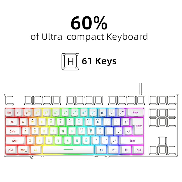 Snpurdiri Snpurdiri 60% Wired Gaming Keyboard - 61 Keys RGB Backlit, Mini Waterproof Design for PC Gamers (White) - View 4 of 8