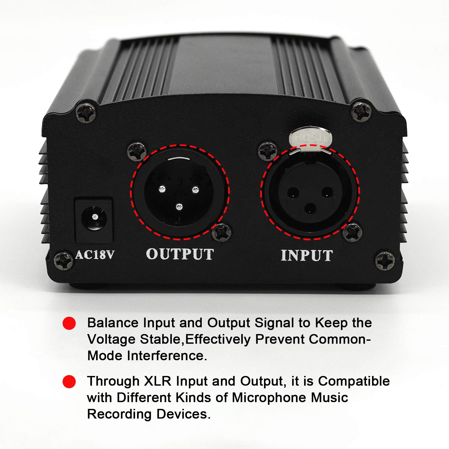 fotoconic Fotoconic 1-Channel 48V Phantom Power Supply with Adapter and XLR Microphone Cable for Condenser Microphone Music Recording Equipment - View 4 of 7