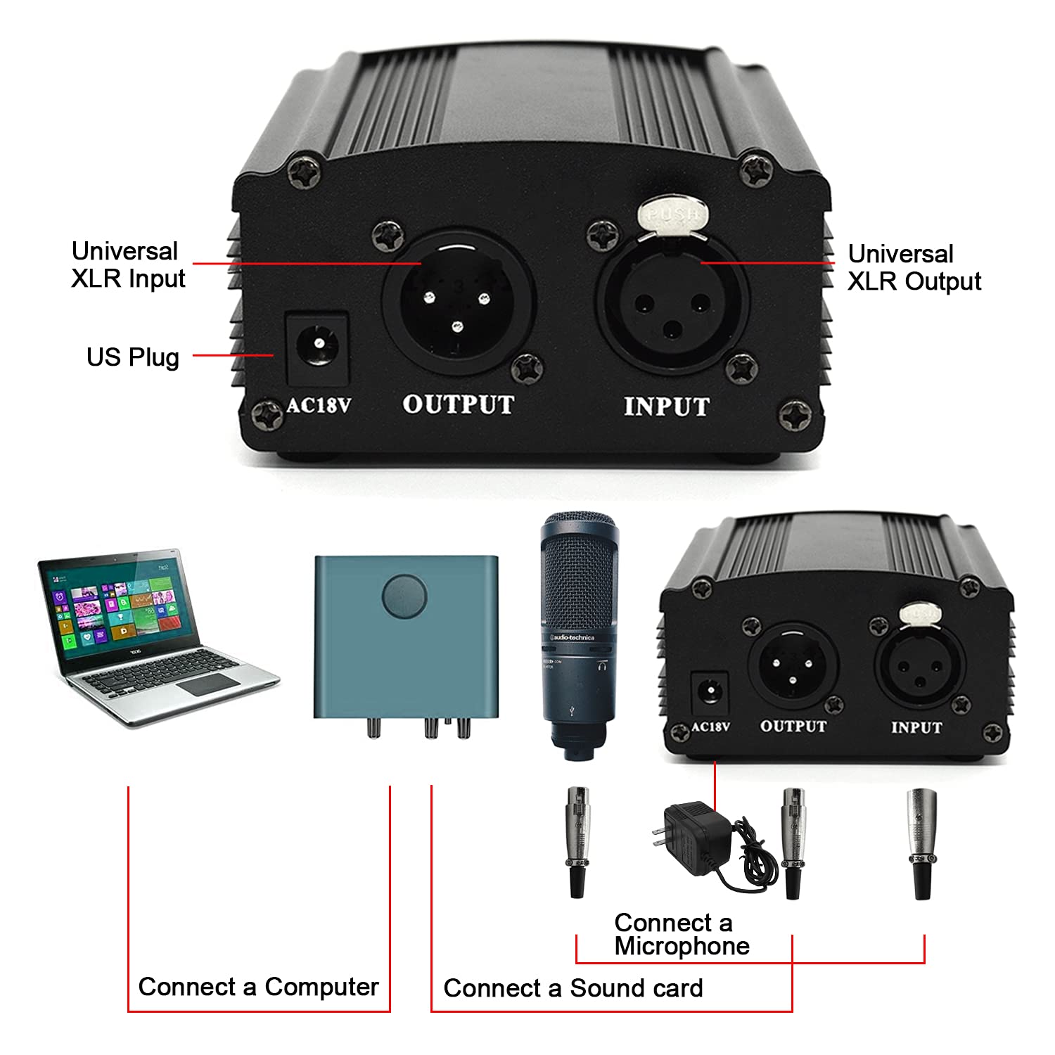 fotoconic Fotoconic 1-Channel 48V Phantom Power Supply with Adapter and XLR Microphone Cable for Condenser Microphone Music Recording Equipment - View 5 of 7