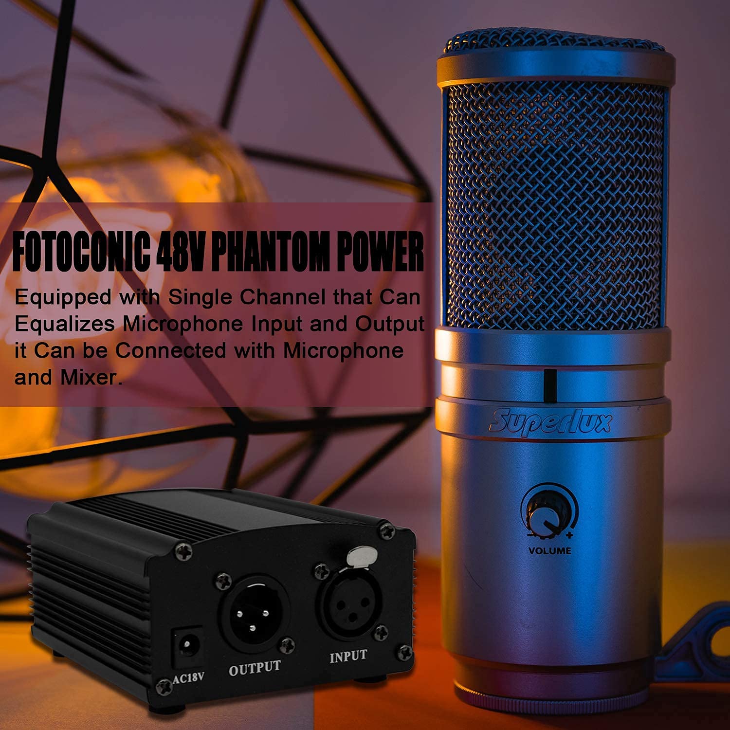 fotoconic Fotoconic 1-Channel 48V Phantom Power Supply with Adapter and XLR Microphone Cable for Condenser Microphone Music Recording Equipment - View 6 of 7