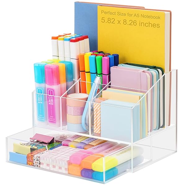 VITVITI VITVITI Acrylic Desk Organizer: 7-Compartment Clear Pencil Storage with Drawer for 500+ Pencils - Perfect Office Supply Solution