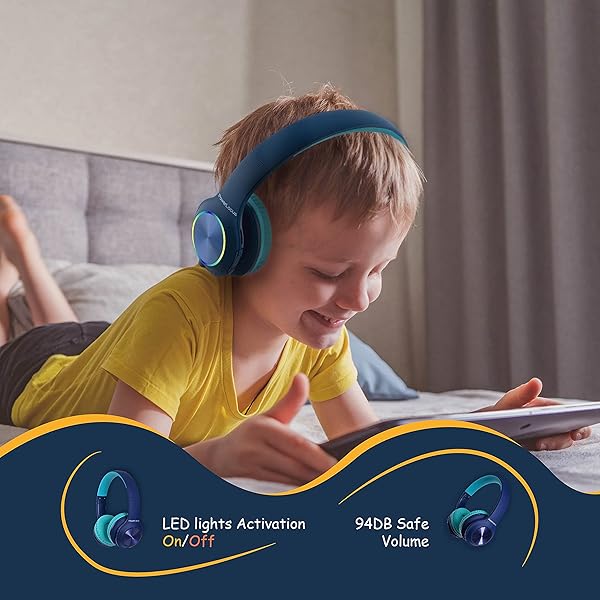 PowerLocus PowerLocus PLED Kids Bluetooth Headphones: Safe Volume, LED Lights & Hi-Fi Sound for Travel & Tablets - View 7 of 11