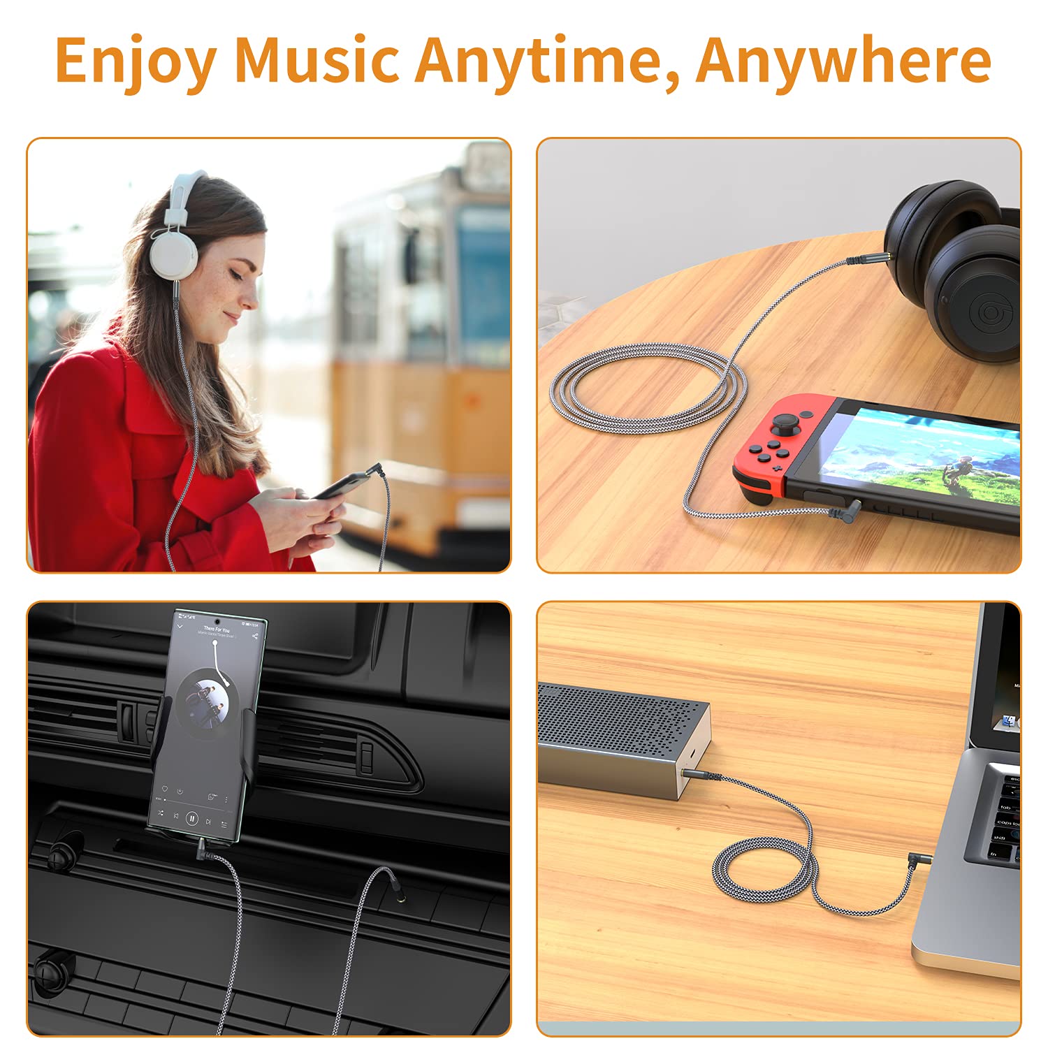 2 Pack 6.6ft Nylon Braided 90 Degree Aux Cables for Car Stereo Speaker iPod iPad Smartphone Headphones Grey - View 7 of 7