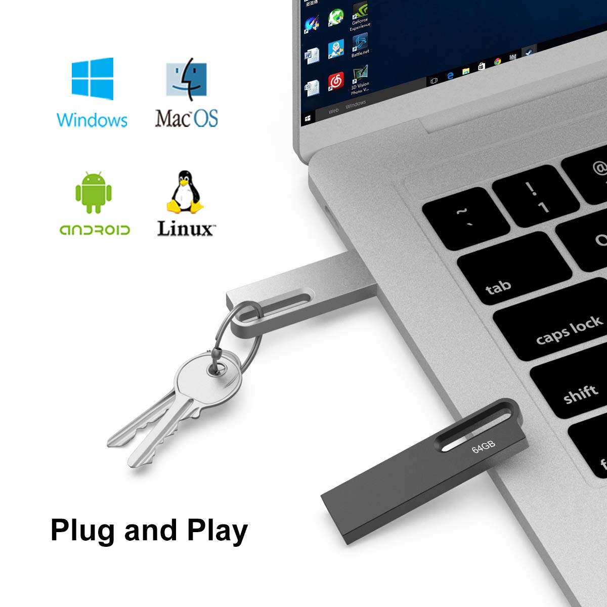 Aiibe 64GB Flash Drive 2 Pack Metal USB Drive Waterproof Portable Memory Stick with Keychain Black Silver - View 3 of 9