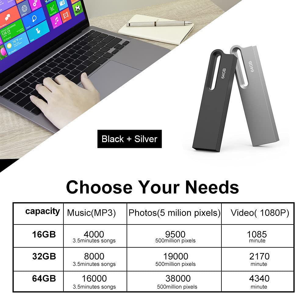 Aiibe 64GB Flash Drive 2 Pack Metal USB Drive Waterproof Portable Memory Stick with Keychain Black Silver - View 7 of 9