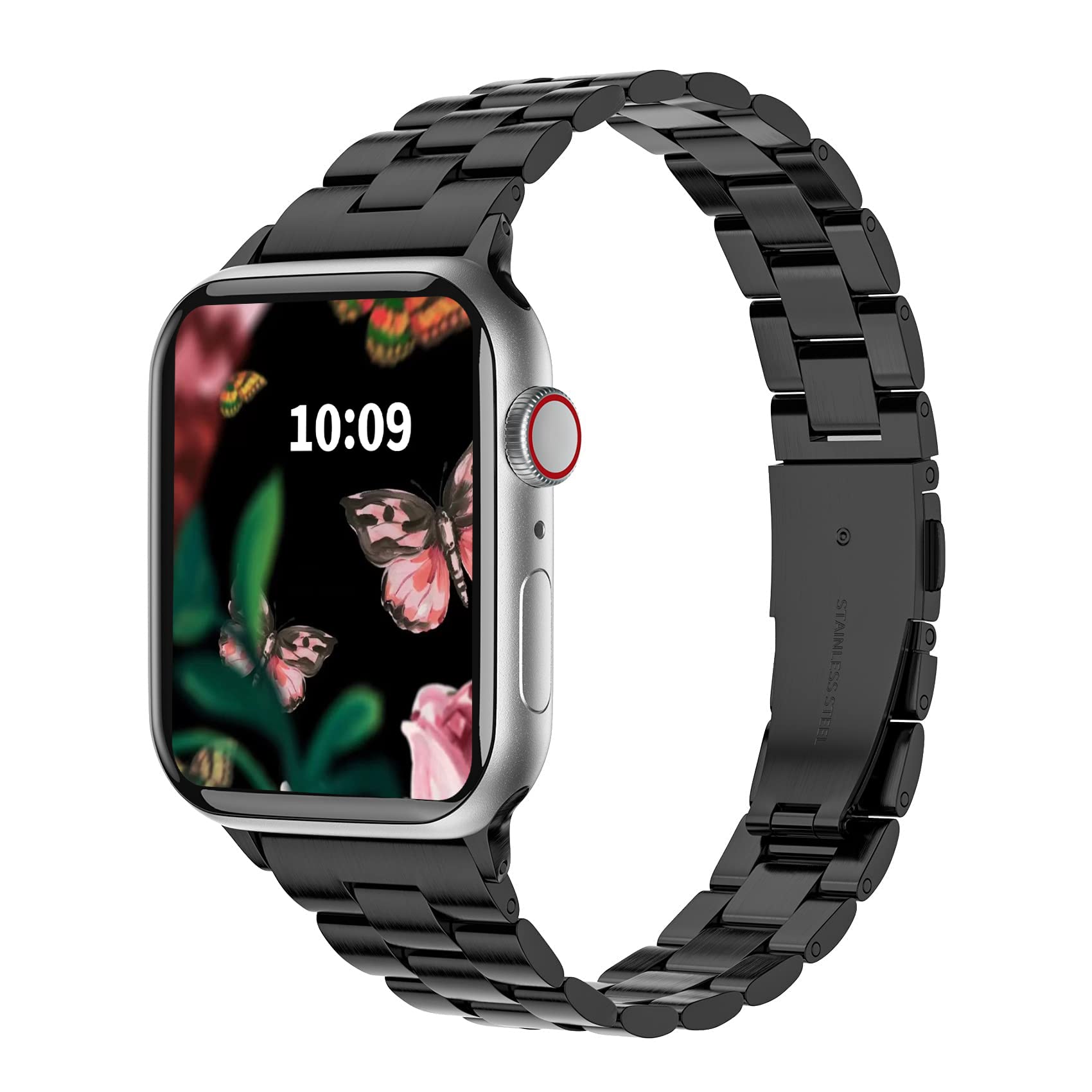 Fitlink Ultra-Slim Brushed Stainless Steel Apple Watch Band for All Series SE Ultra 2 38 to 49mm with Butterfly Buckle Silver