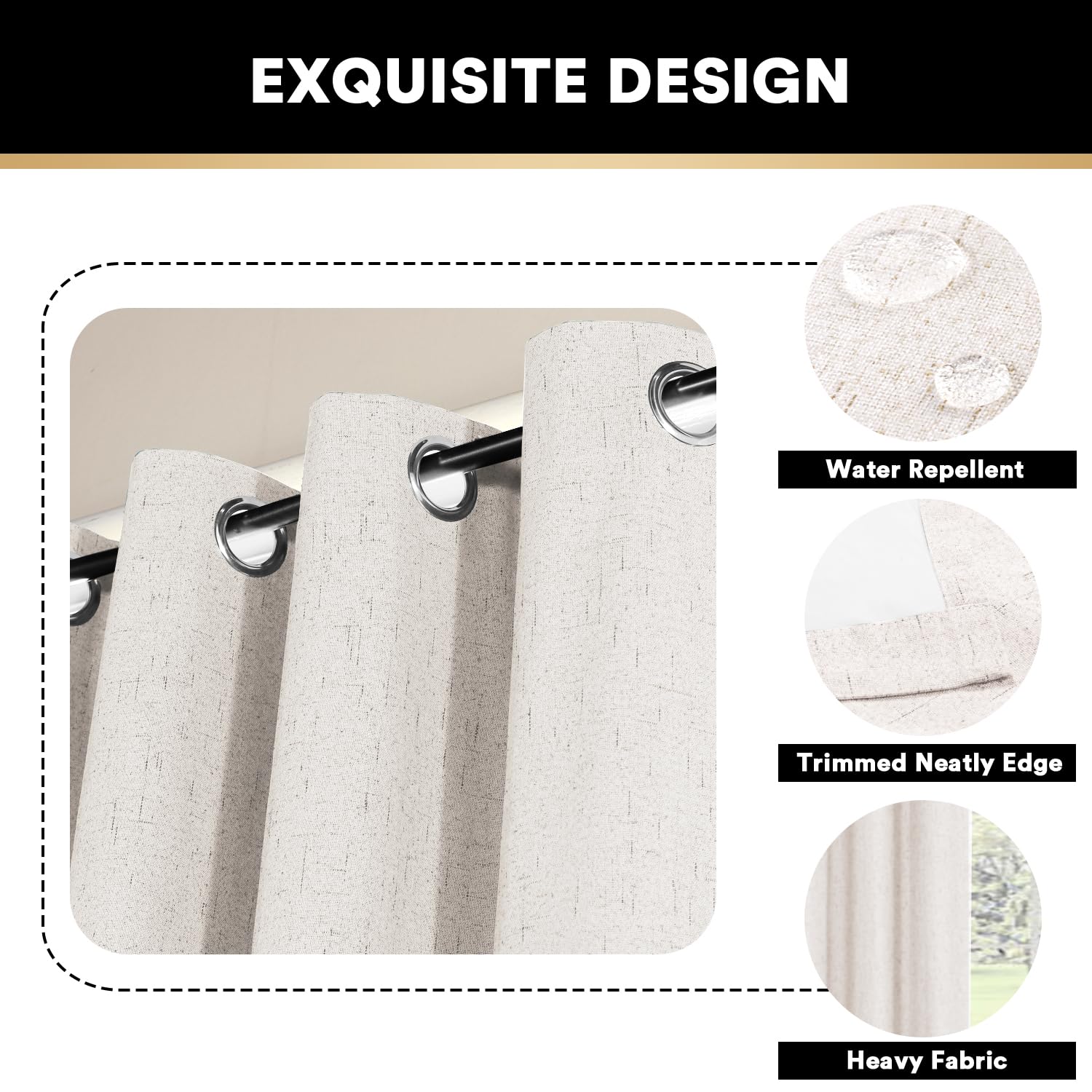 PrinceDeco 64 Inch Blackout Linen Curtains for Kids Room Room Darkening Drapes Ivory 2 Panels Set Thermal Privacy Protection - View 6 of 9