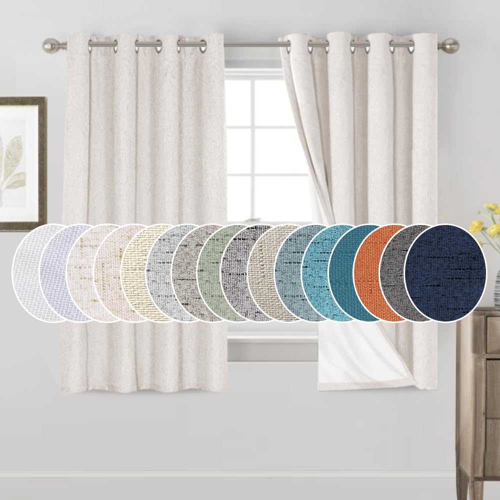 PrinceDeco 64 Inch Blackout Linen Curtains for Kids Room Room Darkening Drapes Ivory 2 Panels Set Thermal Privacy Protection