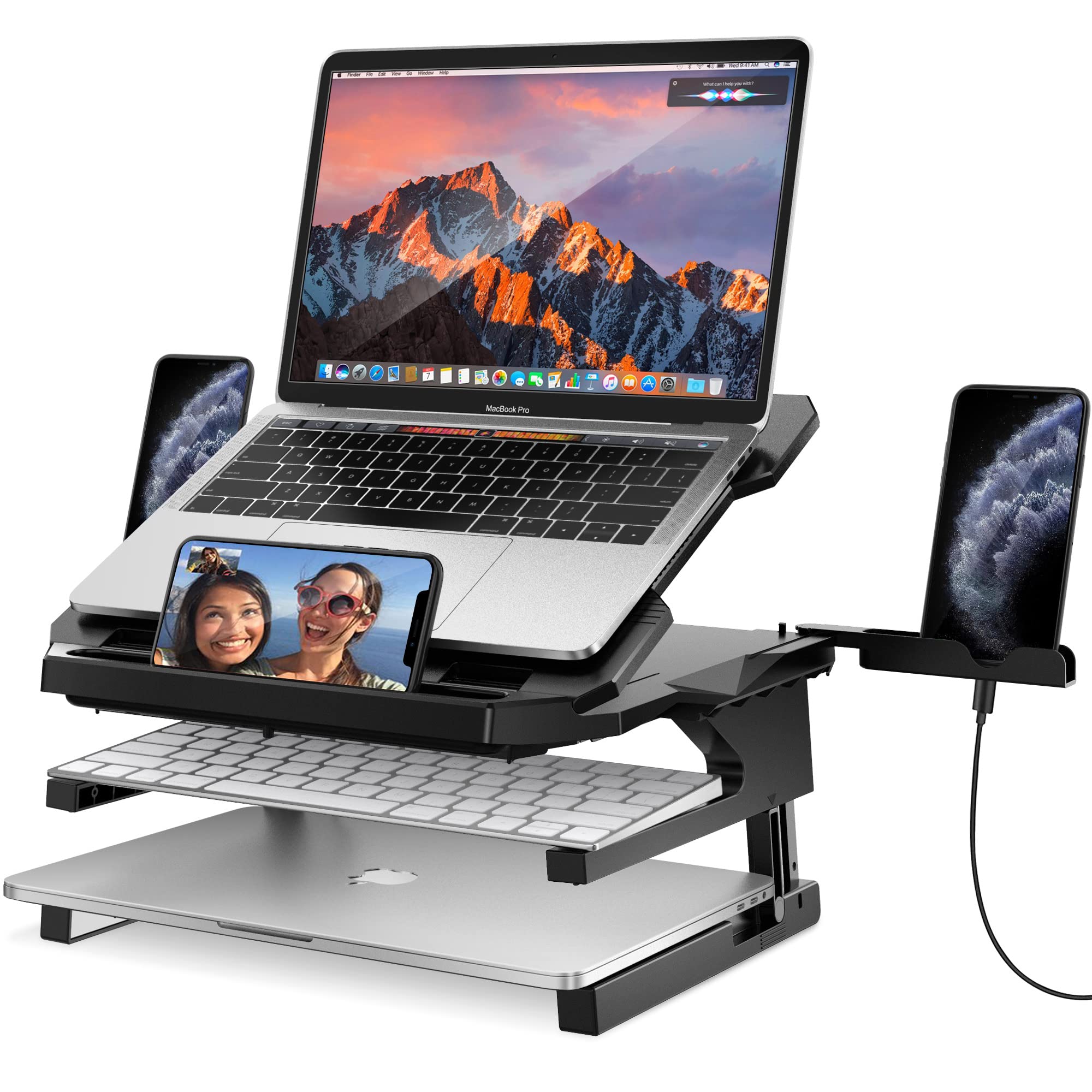 AboveTEK Adjustable Laptop Stand with 20 Angles and 360 Rotating Base for 10 to 17 Inch Laptops Portable Riser with Extra Phone Holders Black