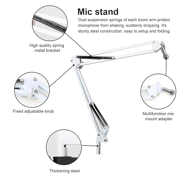 YOUSHARES YOUSHARES Razer Seiren X White Boom Arm with Pop Filter Mic Stand and Foam Cover for Razer Seiren X Streaming Microphone White - View 6 of 8