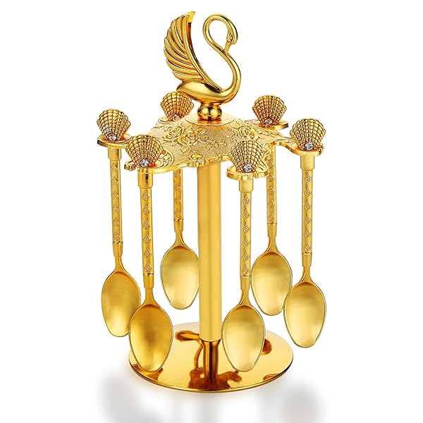 Flylin Elegant Gold Swan Base Holder with 6 Fancy Tea & Dessert Spoons - Perfect for Coffee, Ice Cream, and Mixing