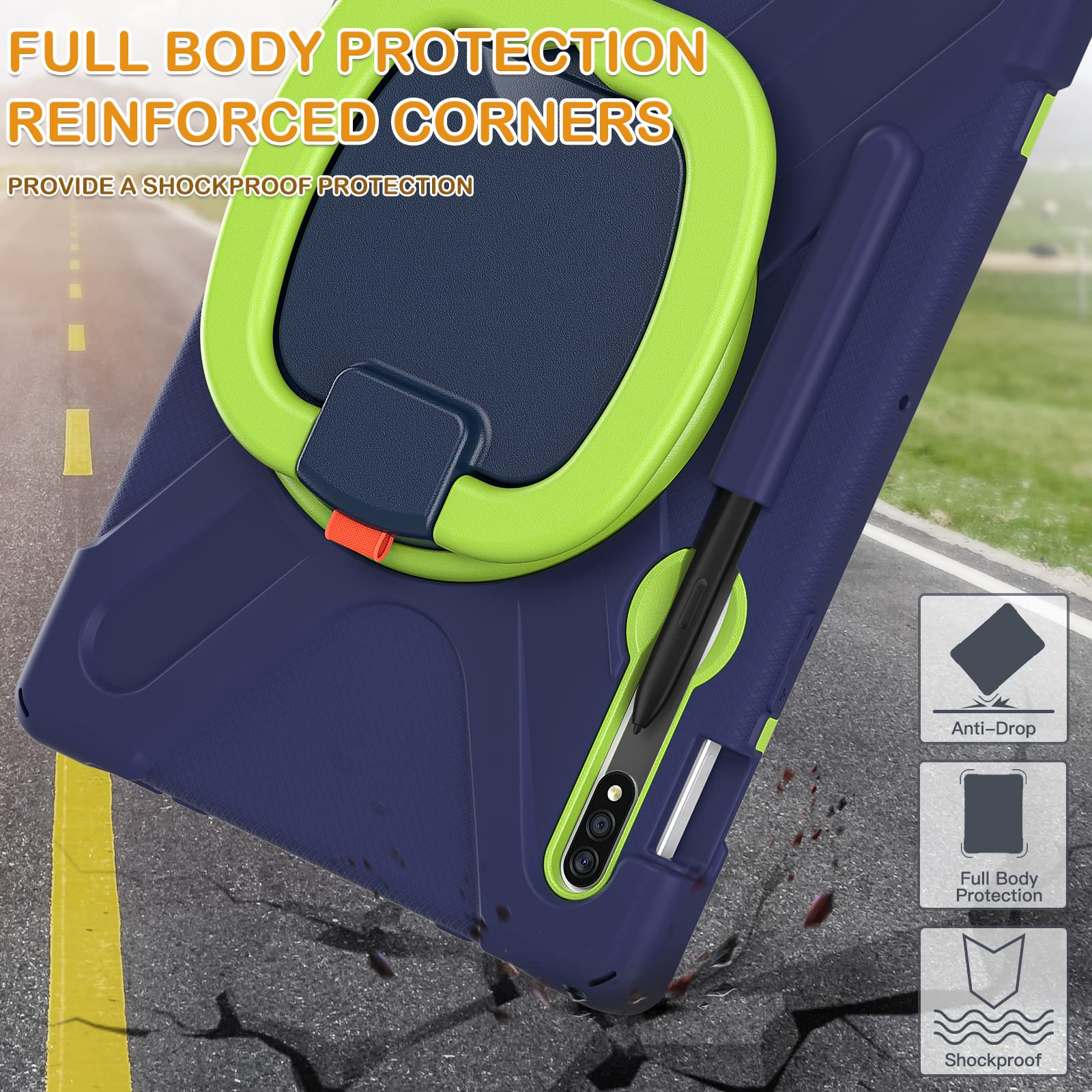 BRAECN Heavy Duty Shockproof Silicone Case for Samsung Galaxy Tab S9 S8 S7 11 Inch with S Pen Holder Rotating Handle Grip Navy Blue - View 6 of 7