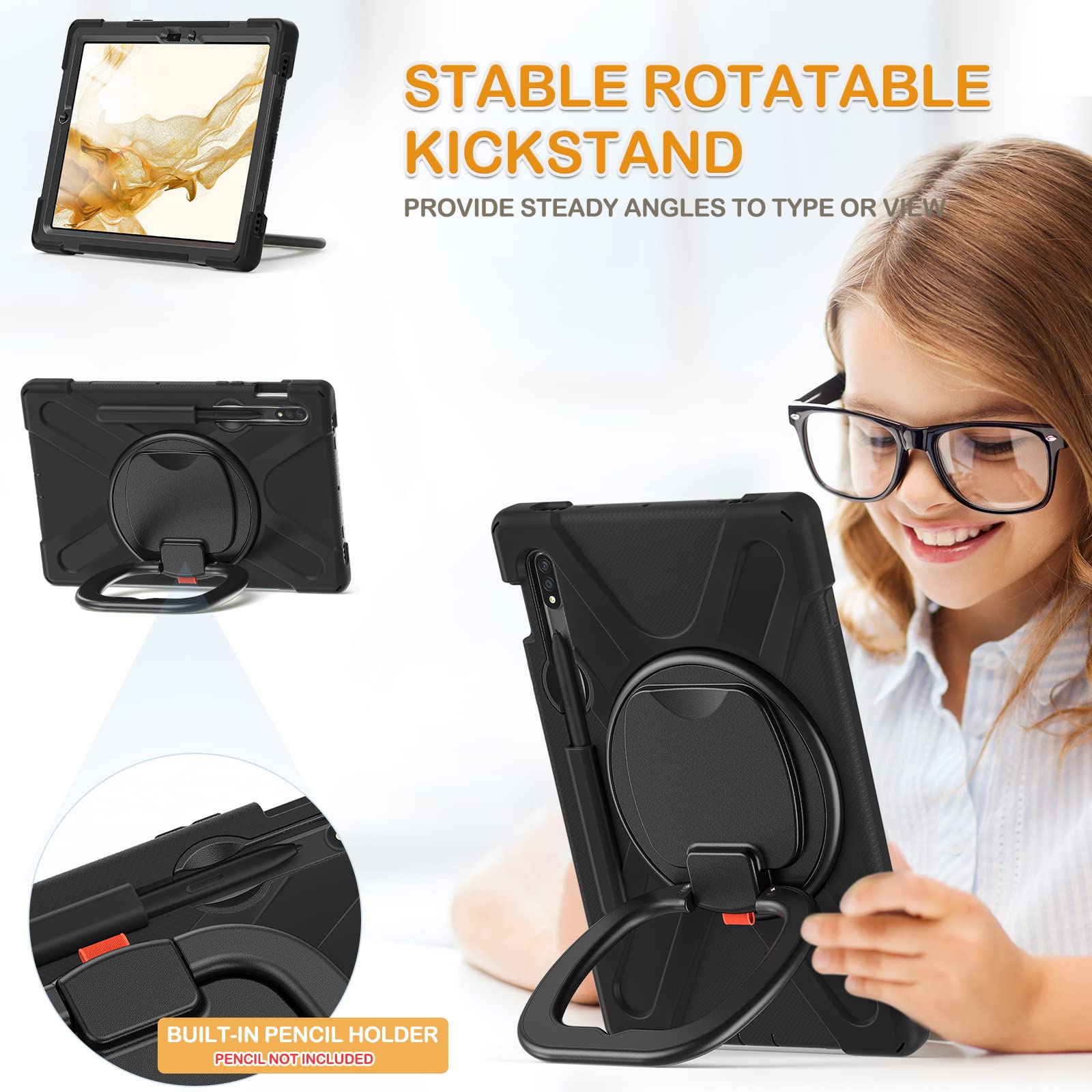 BRAECN Rugged Silicone Case for Samsung Galaxy Tab S8 S7 11 Inch with Handle Grip Kickstand S Pen Holder and Carrying Strap Black - View 3 of 7