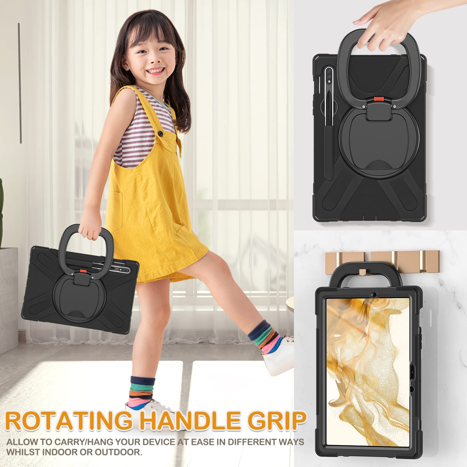 BRAECN Rugged Silicone Case for Samsung Galaxy Tab S8 S7 11 Inch with Handle Grip Kickstand S Pen Holder and Carrying Strap Black - View 4 of 7