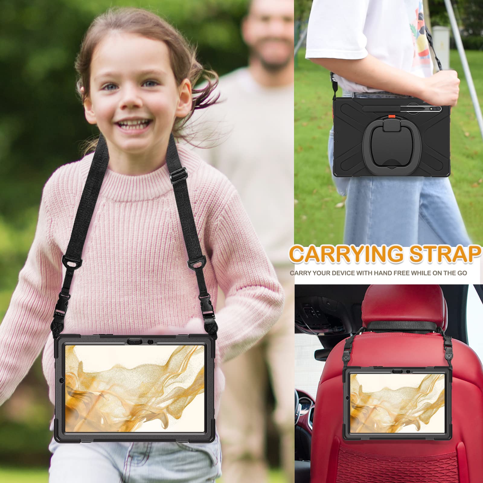 BRAECN Rugged Silicone Case for Samsung Galaxy Tab S8 S7 11 Inch with Handle Grip Kickstand S Pen Holder and Carrying Strap Black - View 5 of 7