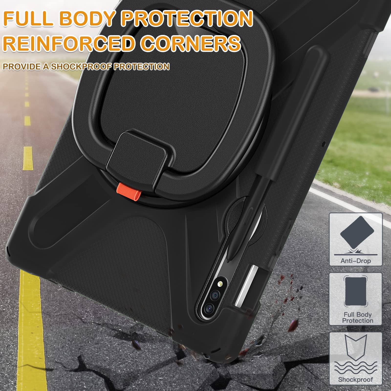 BRAECN Rugged Silicone Case for Samsung Galaxy Tab S8 S7 11 Inch with Handle Grip Kickstand S Pen Holder and Carrying Strap Black - View 6 of 7