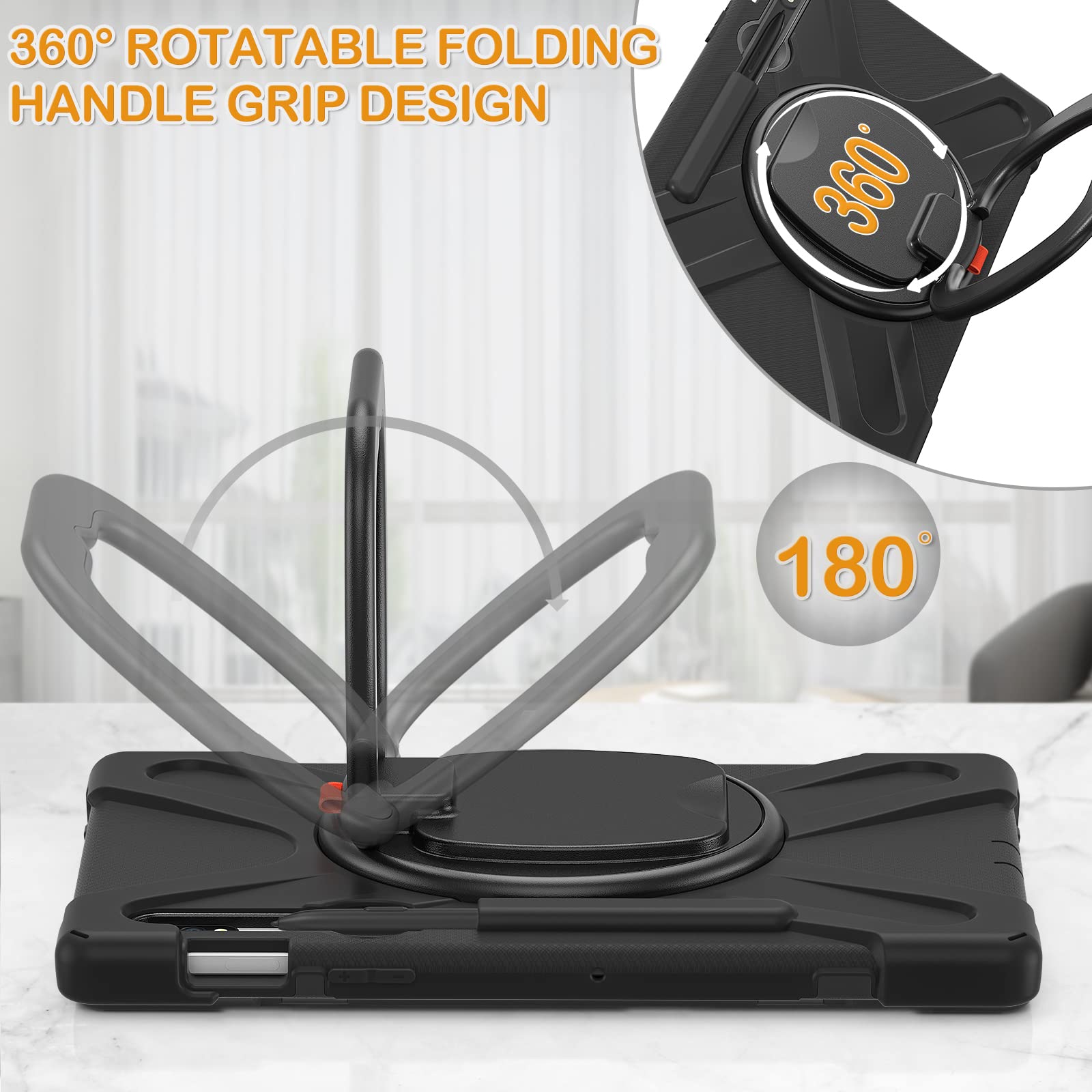 BRAECN Rugged Silicone Case for Samsung Galaxy Tab S8 S7 11 Inch with Handle Grip Kickstand S Pen Holder and Carrying Strap Black - View 7 of 7