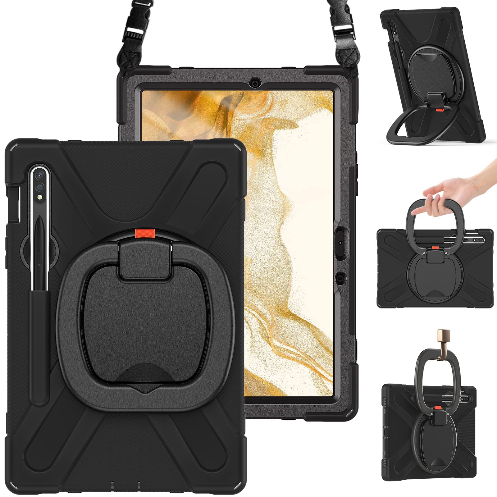 BRAECN Rugged Silicone Case for Samsung Galaxy Tab S8 S7 11 Inch with Handle Grip Kickstand S Pen Holder and Carrying Strap Black