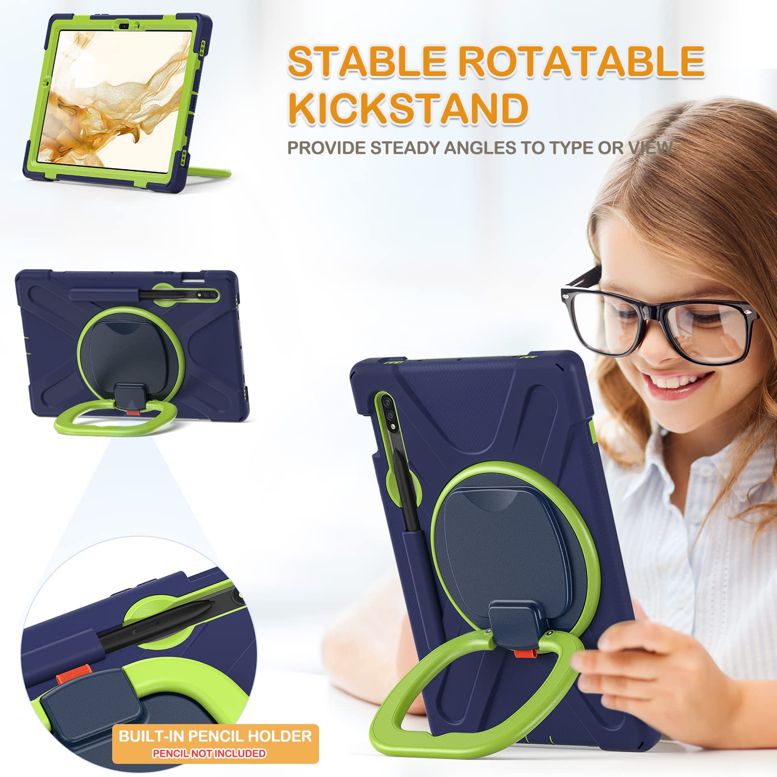 BRAECN Heavy Duty Silicone Case for Samsung Galaxy Tab S9 S8 S7 11 Inch with S Pen Holder Rotating Handle Grip and Folding Stand Navy Green - View 3 of 7