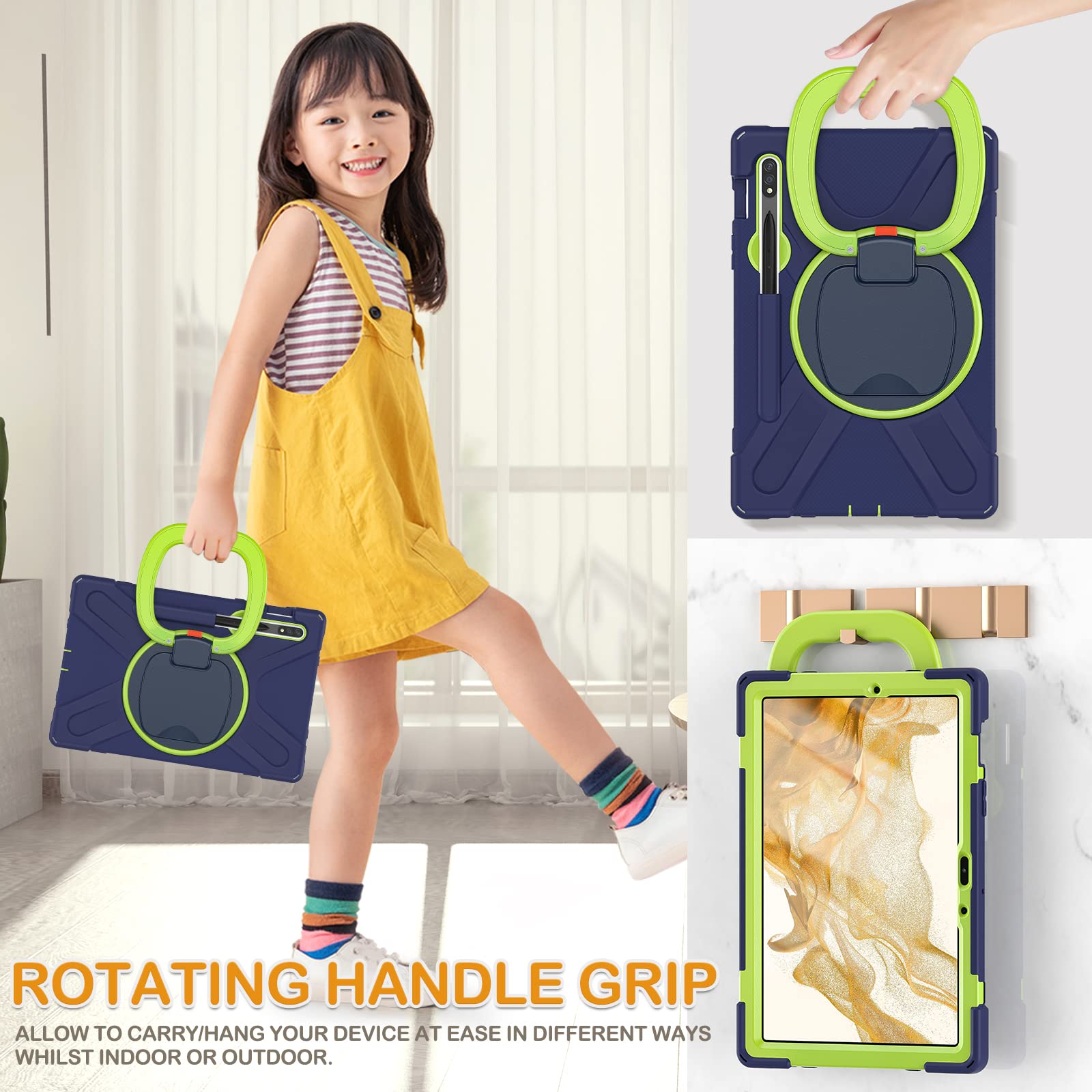 BRAECN Heavy Duty Silicone Case for Samsung Galaxy Tab S9 S8 S7 11 Inch with S Pen Holder Rotating Handle Grip and Folding Stand Navy Green - View 4 of 7