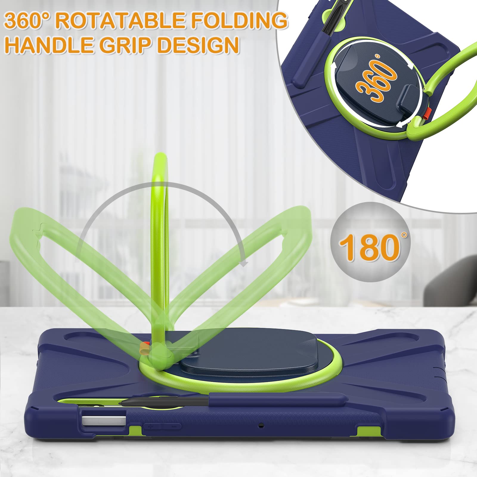BRAECN Heavy Duty Silicone Case for Samsung Galaxy Tab S9 S8 S7 11 Inch with S Pen Holder Rotating Handle Grip and Folding Stand Navy Green - View 7 of 7