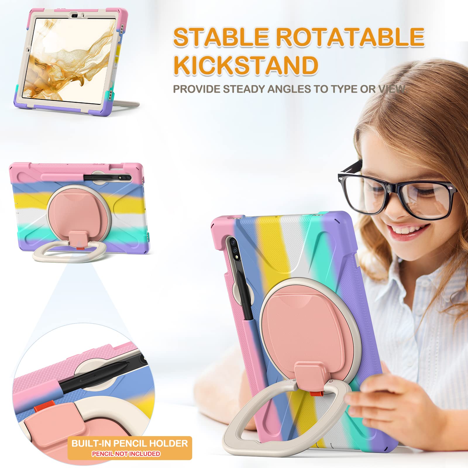BRAECN Rugged Silicone Case for Galaxy Tab S9 S8 S7 11 Inch with Kickstand S Pen Holder 360 Grip and Shoulder Strap Colorful Pink - View 3 of 6