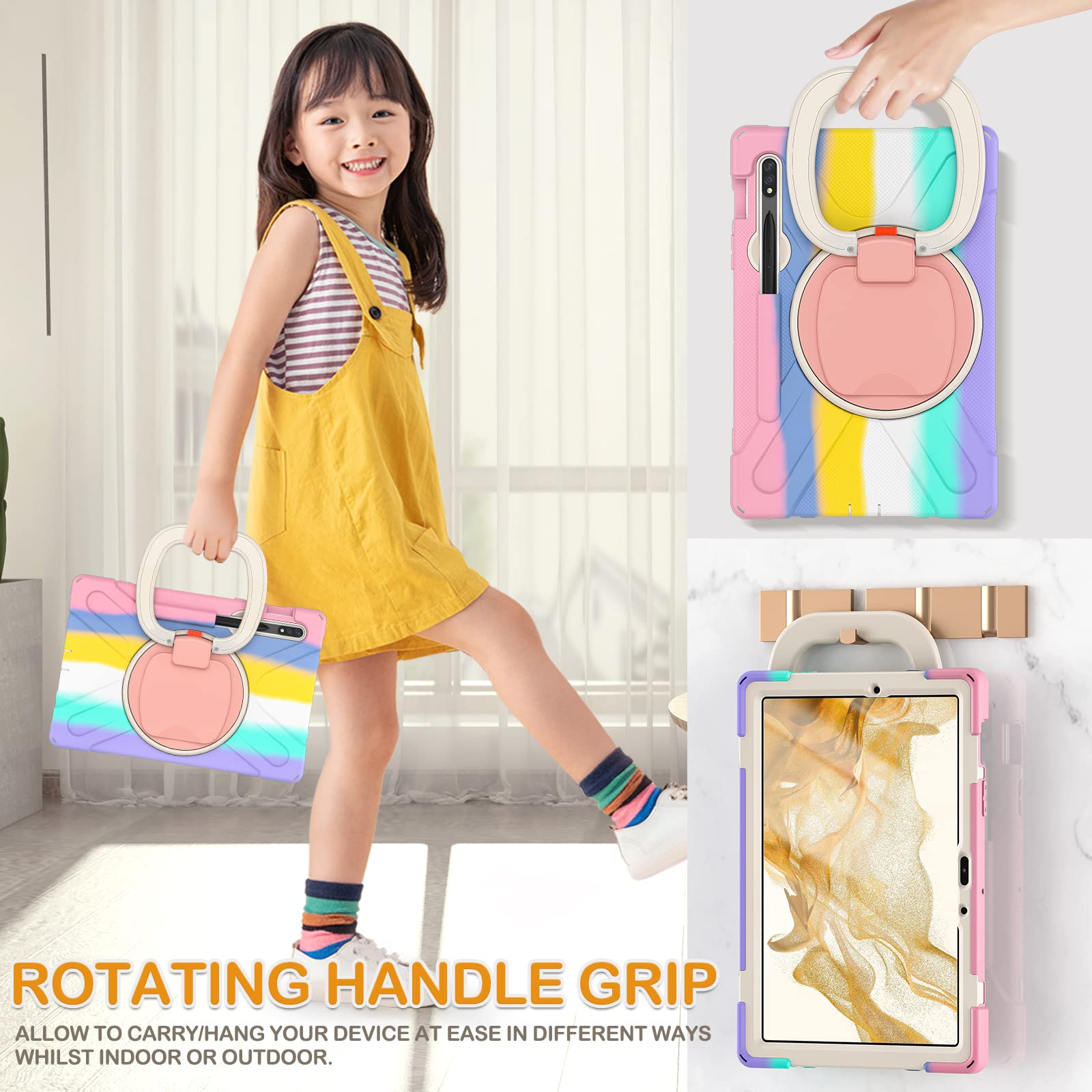 BRAECN Rugged Silicone Case for Galaxy Tab S9 S8 S7 11 Inch with Kickstand S Pen Holder 360 Grip and Shoulder Strap Colorful Pink - View 4 of 6