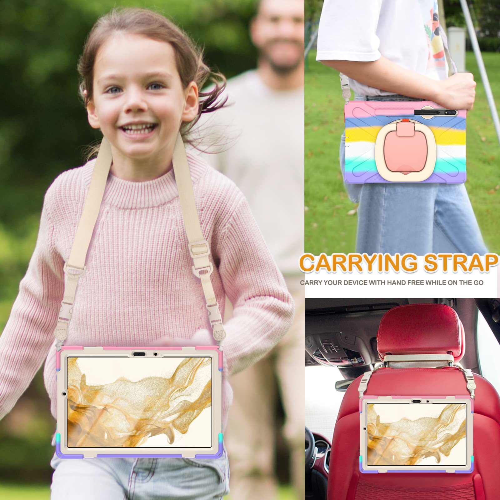 BRAECN Rugged Silicone Case for Galaxy Tab S9 S8 S7 11 Inch with Kickstand S Pen Holder 360 Grip and Shoulder Strap Colorful Pink - View 5 of 6