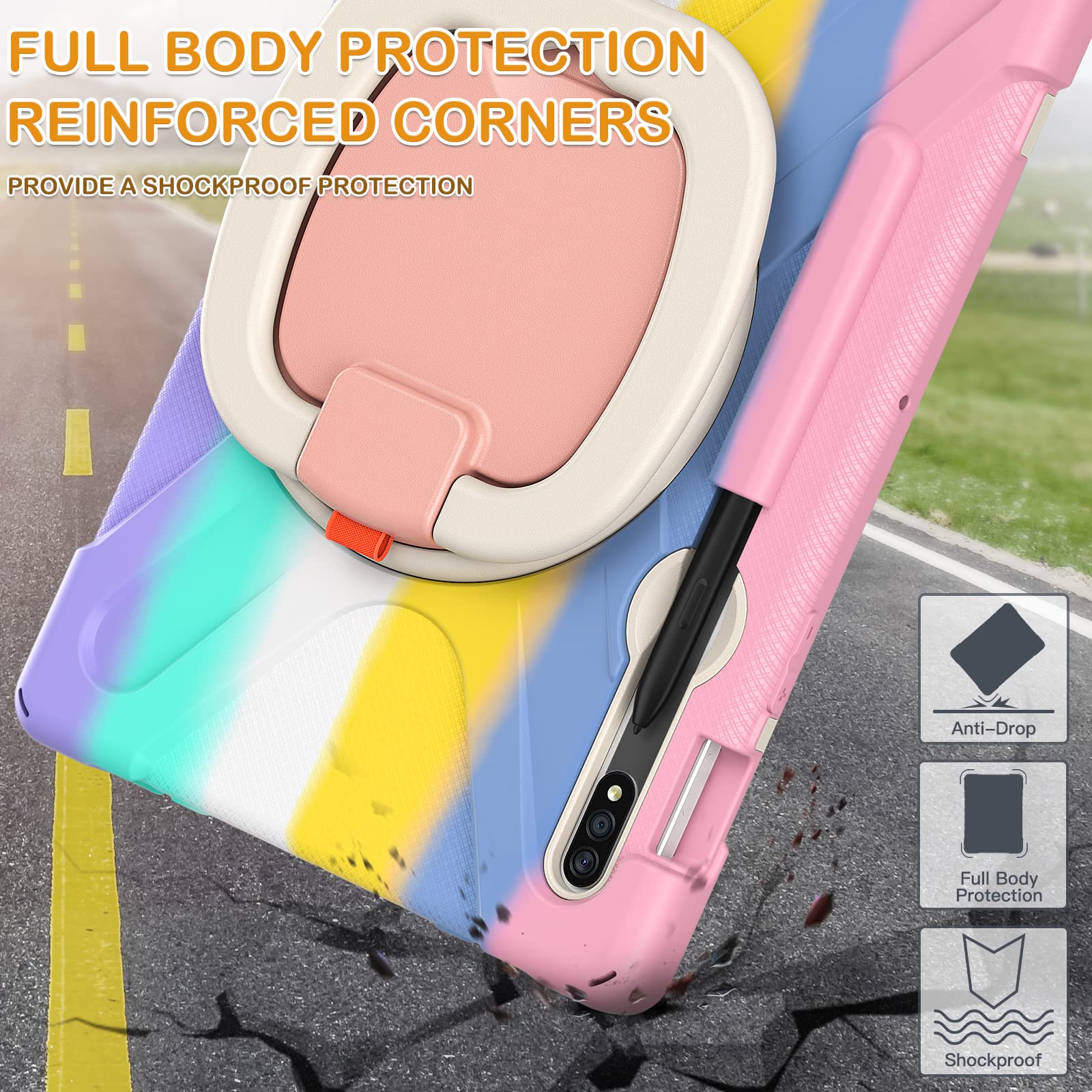 BRAECN Rugged Silicone Case for Galaxy Tab S9 S8 S7 11 Inch with Kickstand S Pen Holder 360 Grip and Shoulder Strap Colorful Pink - View 6 of 6