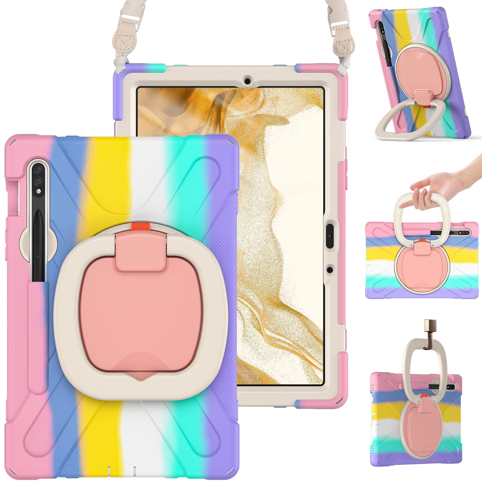 BRAECN Rugged Silicone Case for Galaxy Tab S9 S8 S7 11 Inch with Kickstand S Pen Holder 360 Grip and Shoulder Strap Colorful Pink