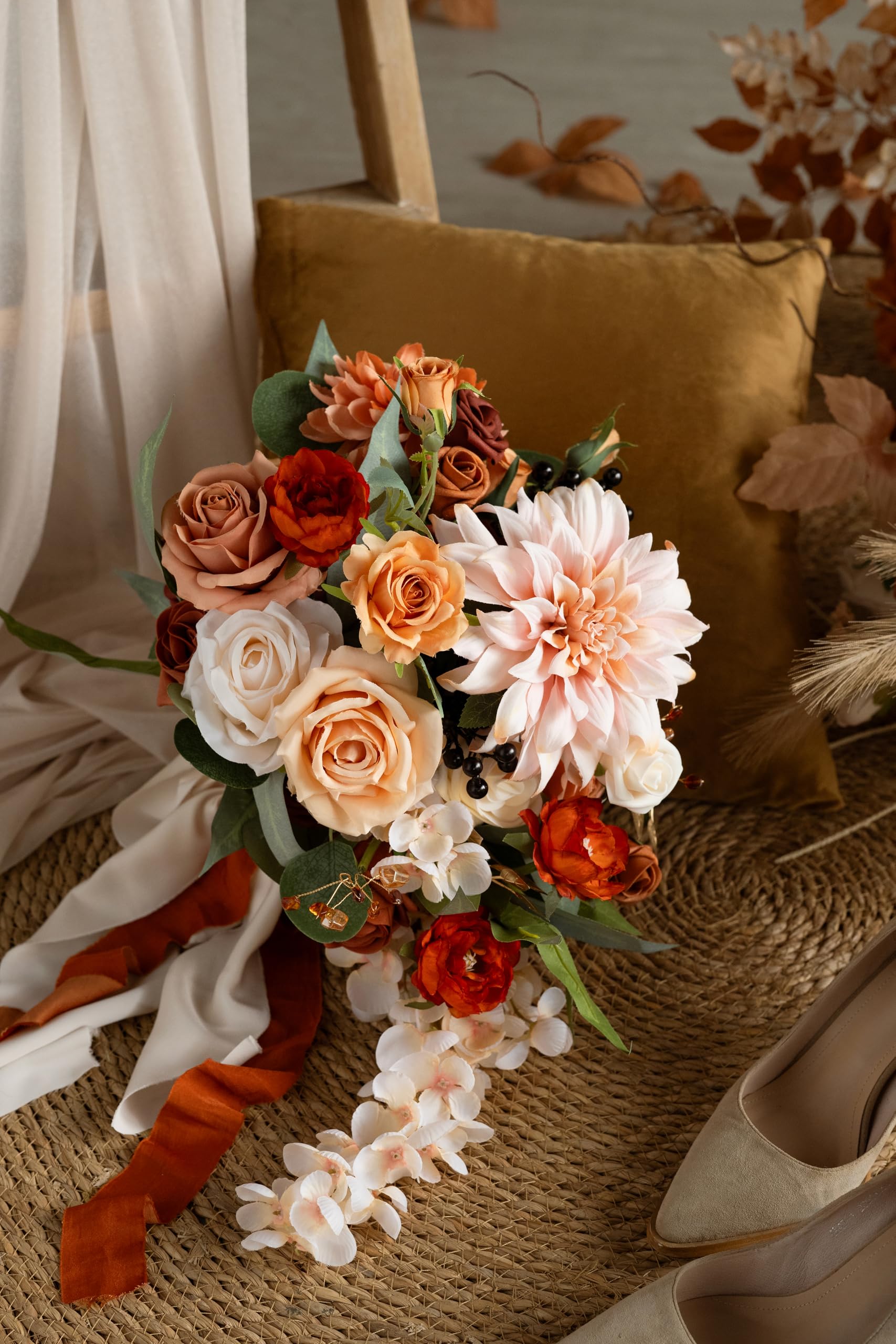 Ling's Moment Terracotta Bridal Bouquet Cascading Orange Wedding Bouquets for Bride 13 Inch Artificial Flowers for Weddings - View 2 of 9
