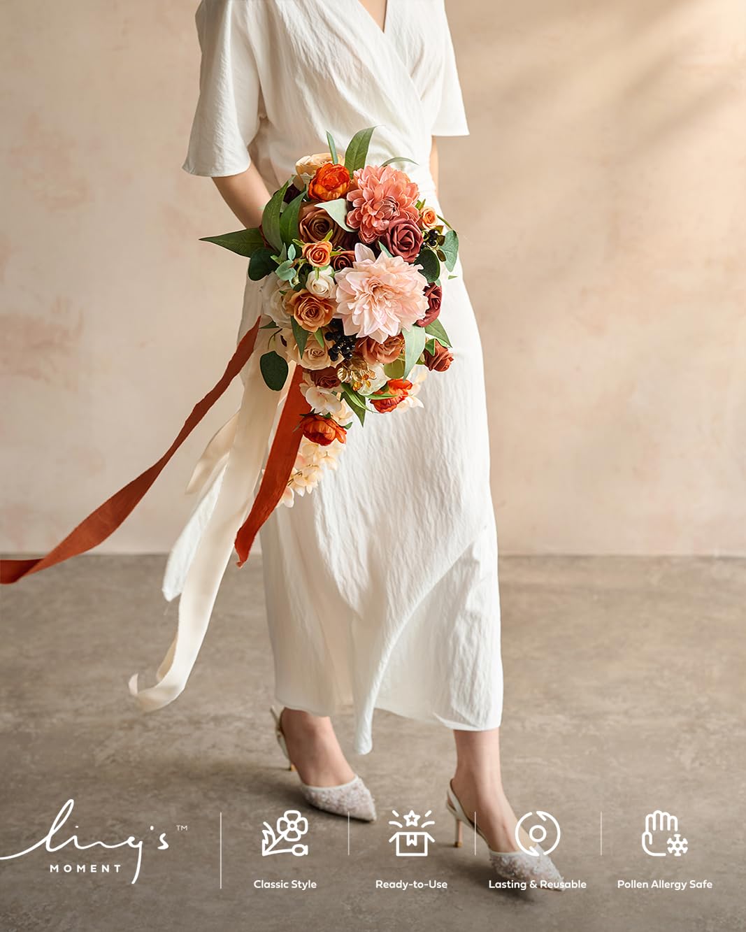 Ling's Moment Terracotta Bridal Bouquet Cascading Orange Wedding Bouquets for Bride 13 Inch Artificial Flowers for Weddings - View 3 of 9