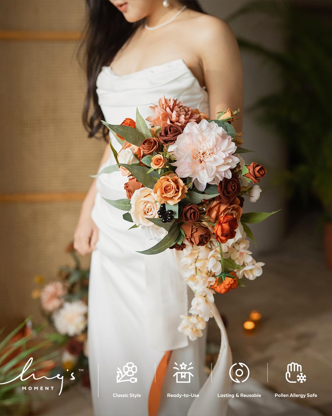 Ling's Moment Terracotta Bridal Bouquet Cascading Orange Wedding Bouquets for Bride 13 Inch Artificial Flowers for Weddings - View 4 of 9