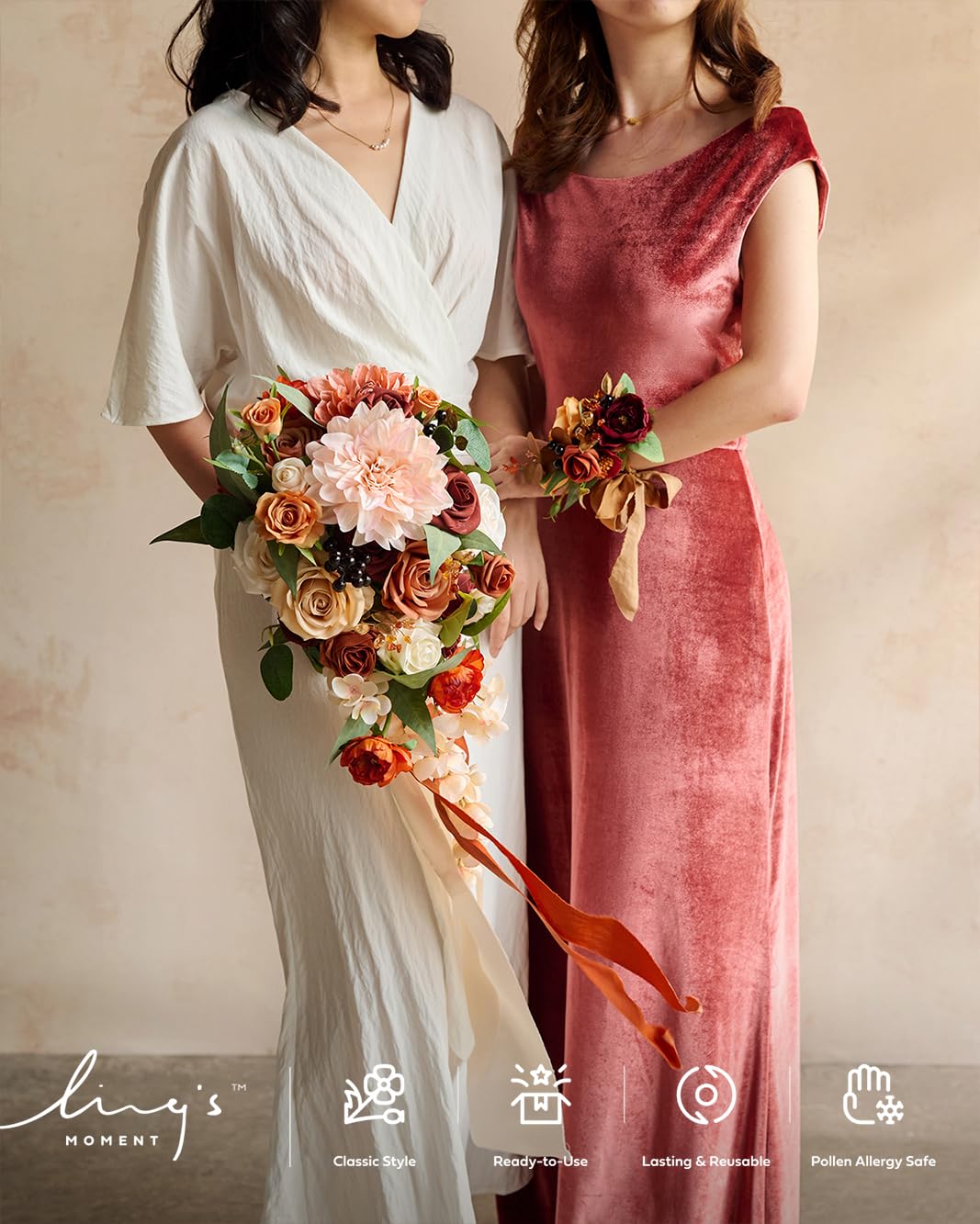 Ling's Moment Terracotta Bridal Bouquet Cascading Orange Wedding Bouquets for Bride 13 Inch Artificial Flowers for Weddings - View 5 of 9