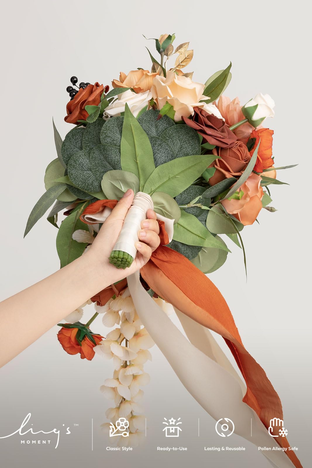 Ling's Moment Terracotta Bridal Bouquet Cascading Orange Wedding Bouquets for Bride 13 Inch Artificial Flowers for Weddings - View 6 of 9