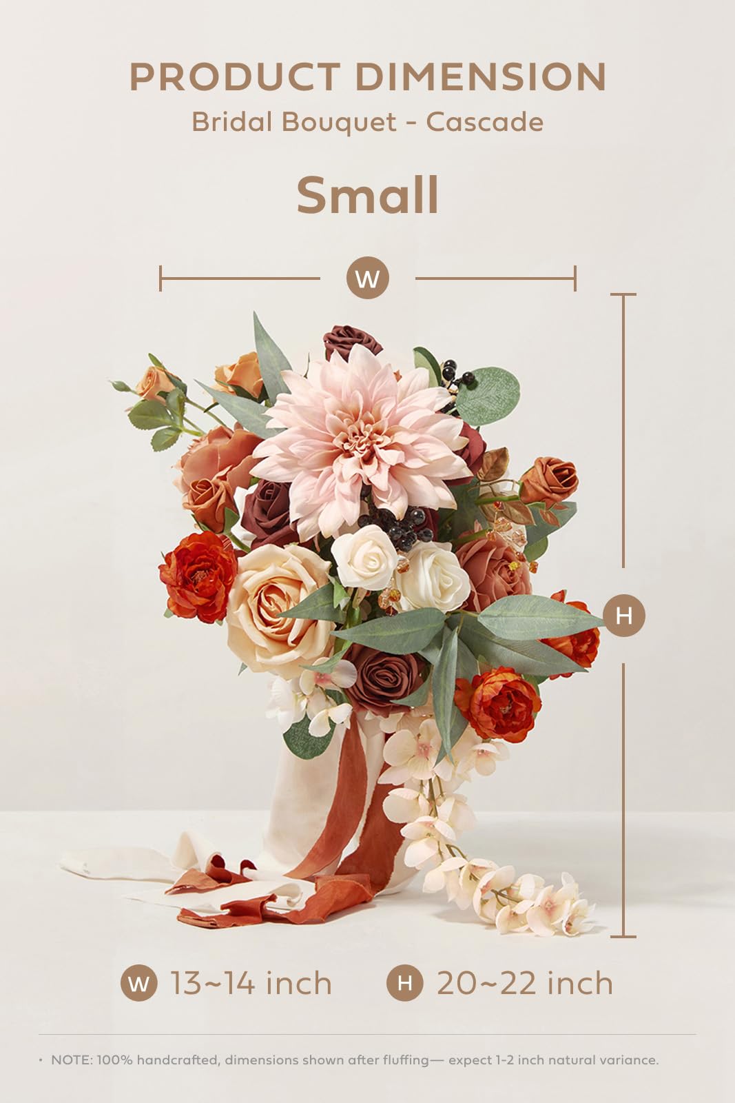 Ling's Moment Terracotta Bridal Bouquet Cascading Orange Wedding Bouquets for Bride 13 Inch Artificial Flowers for Weddings - View 7 of 9