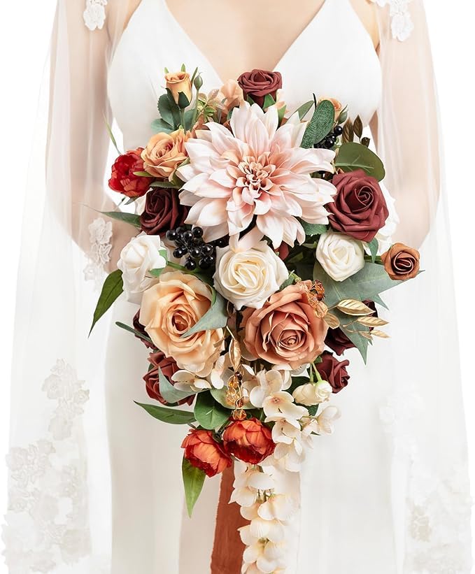 Ling's Moment Terracotta Bridal Bouquet Cascading Orange Wedding Bouquets for Bride 13 Inch Artificial Flowers for Weddings