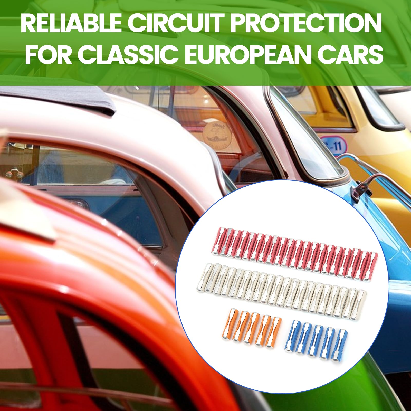 Aramox European Classic Car Fuse Kit 50pcs Torpedo Fuse Set 5A 8A 16A 25A Zinc Alloy PF Material for Stable 32V Circuit Protection - View 2 of 9