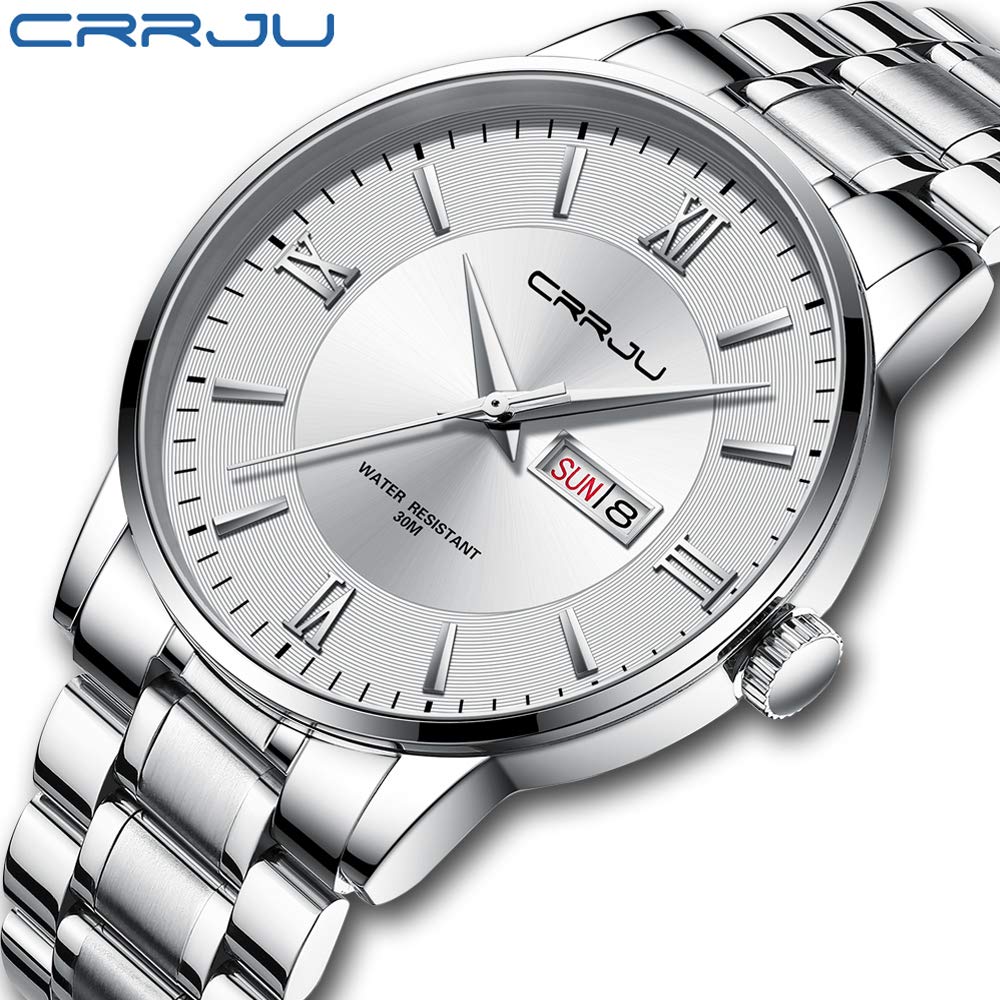 CRRJU Men's Casual Auto Date Watch Fashion Business Japan Movement Waterproof Silver White Stainless Steel Band - View 2 of 6
