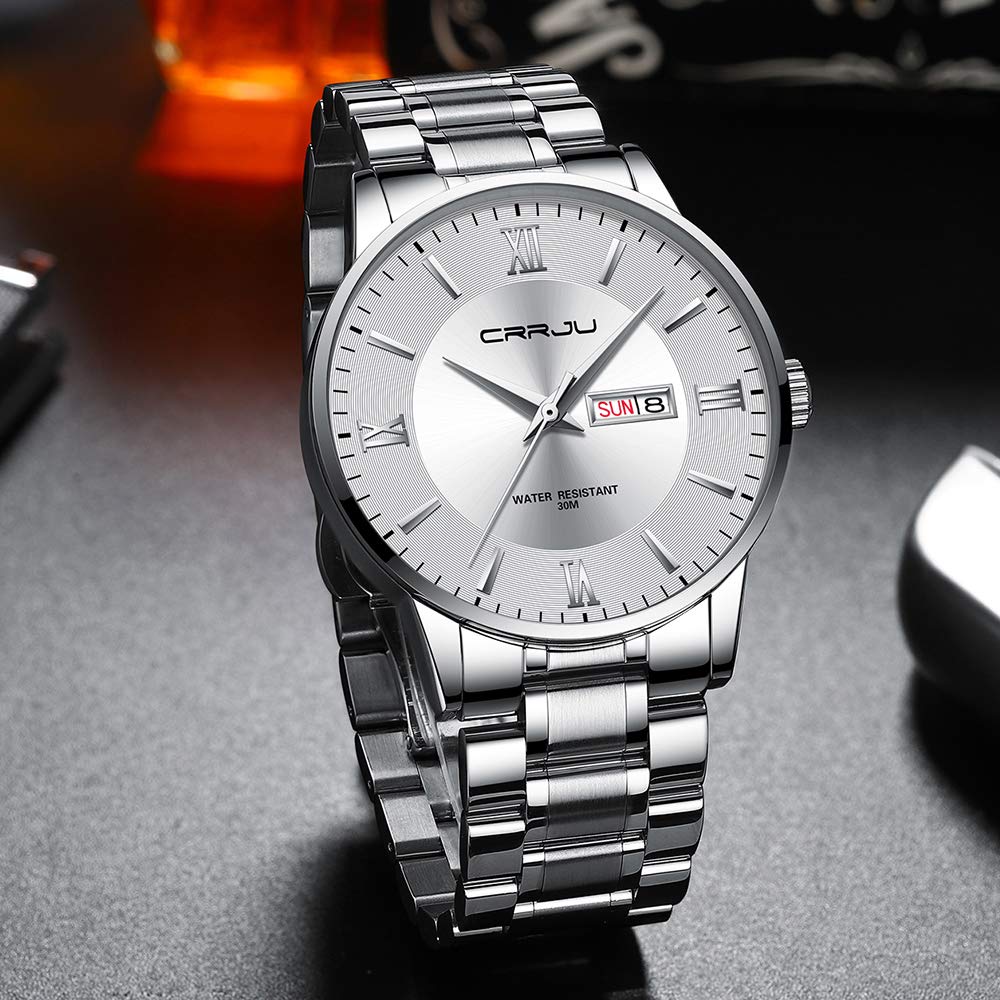 CRRJU Men's Casual Auto Date Watch Fashion Business Japan Movement Waterproof Silver White Stainless Steel Band - View 3 of 6