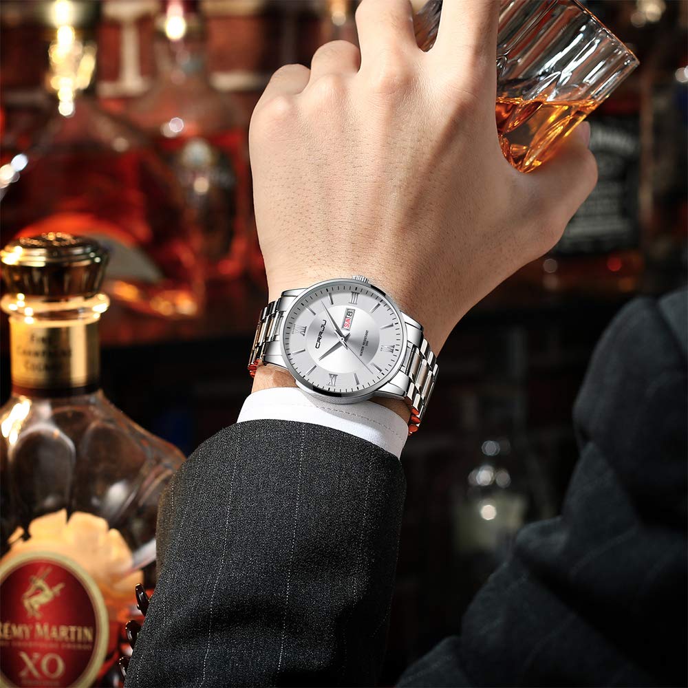 CRRJU Men's Casual Auto Date Watch Fashion Business Japan Movement Waterproof Silver White Stainless Steel Band - View 5 of 6