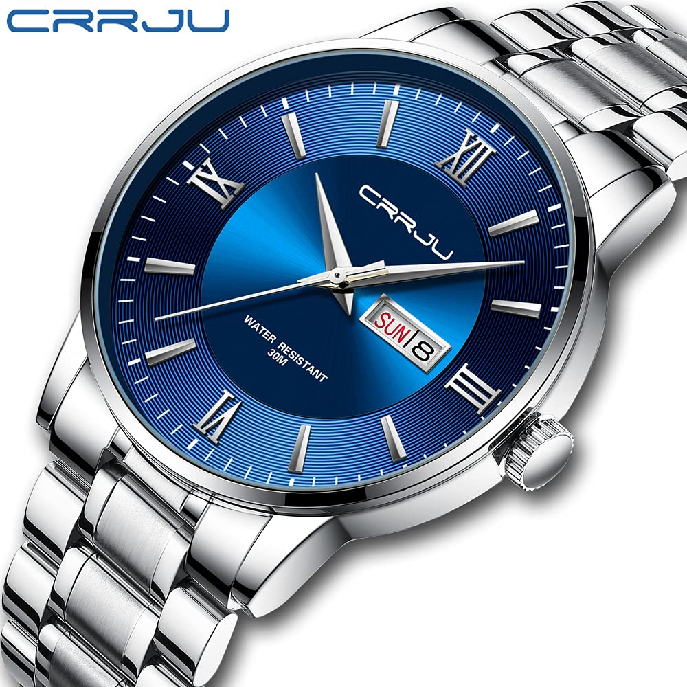 CRRJU CRRJU Men's Stainless Steel Watches Fashion Business Chronograph Waterproof Quartz Wristwatches for Men,Sliver Blue Watches - View 2 of 9
