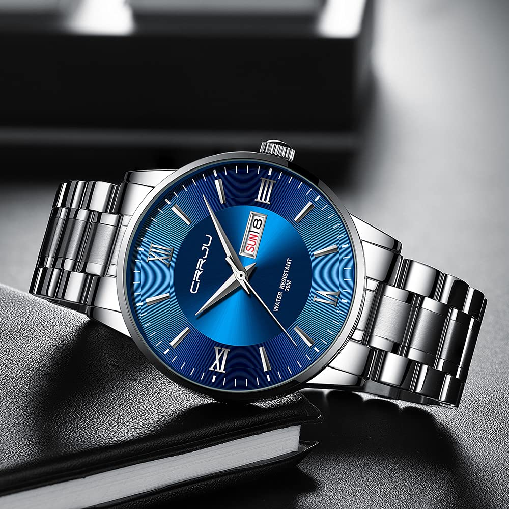 CRRJU CRRJU Men's Stainless Steel Watches Fashion Business Chronograph Waterproof Quartz Wristwatches for Men,Sliver Blue Watches - View 4 of 9